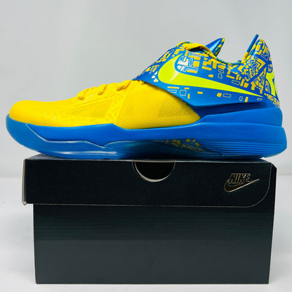 Brand new Nike KD 4 Scoring Title 2025 sneakers, yellow and blue design, on a box.