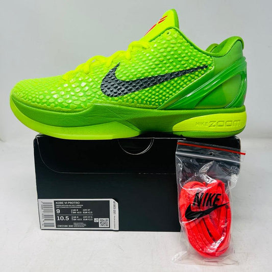 Nike Kobe 6 Protro Grinch 2020 sneakers with clean uppers, original box in good condition, and red laces.