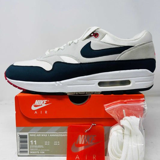 Nike Air Max 1 Anniversary Obsidian sneaker on orange Nike box with extra laces and hang tag, 2017 model