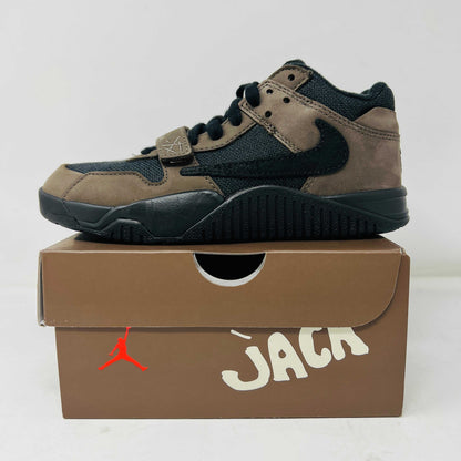 Jordan Jumpman Jack TR Travis Scott Dark Mocha PS sneaker with extra laces on branded box.