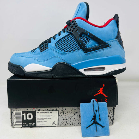 Jordan 4 Retro Travis Scott Cactus Jack sneaker in blue with black and red accents on box with hang tag.