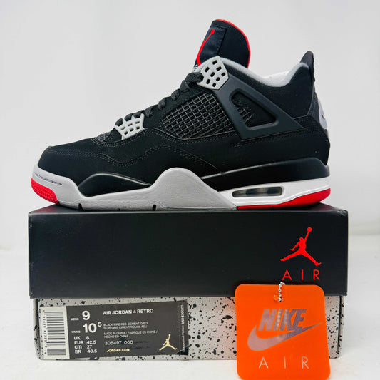 Jordan 4 Retro Bred 2019 sneaker on box with clean uppers and hang tag in size 9 US