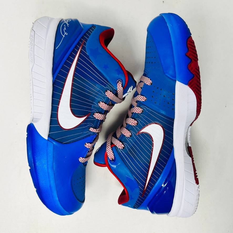 The Nike Kobe 4 Protro Philly (2024), a blue basketball shoe with red and white accents, is displayed on a black shoebox. This authentic piece features a white swoosh, red lining, and size 6.5 tag—ideal for collectors hunting lightly worn treasures for the 2024 courts.