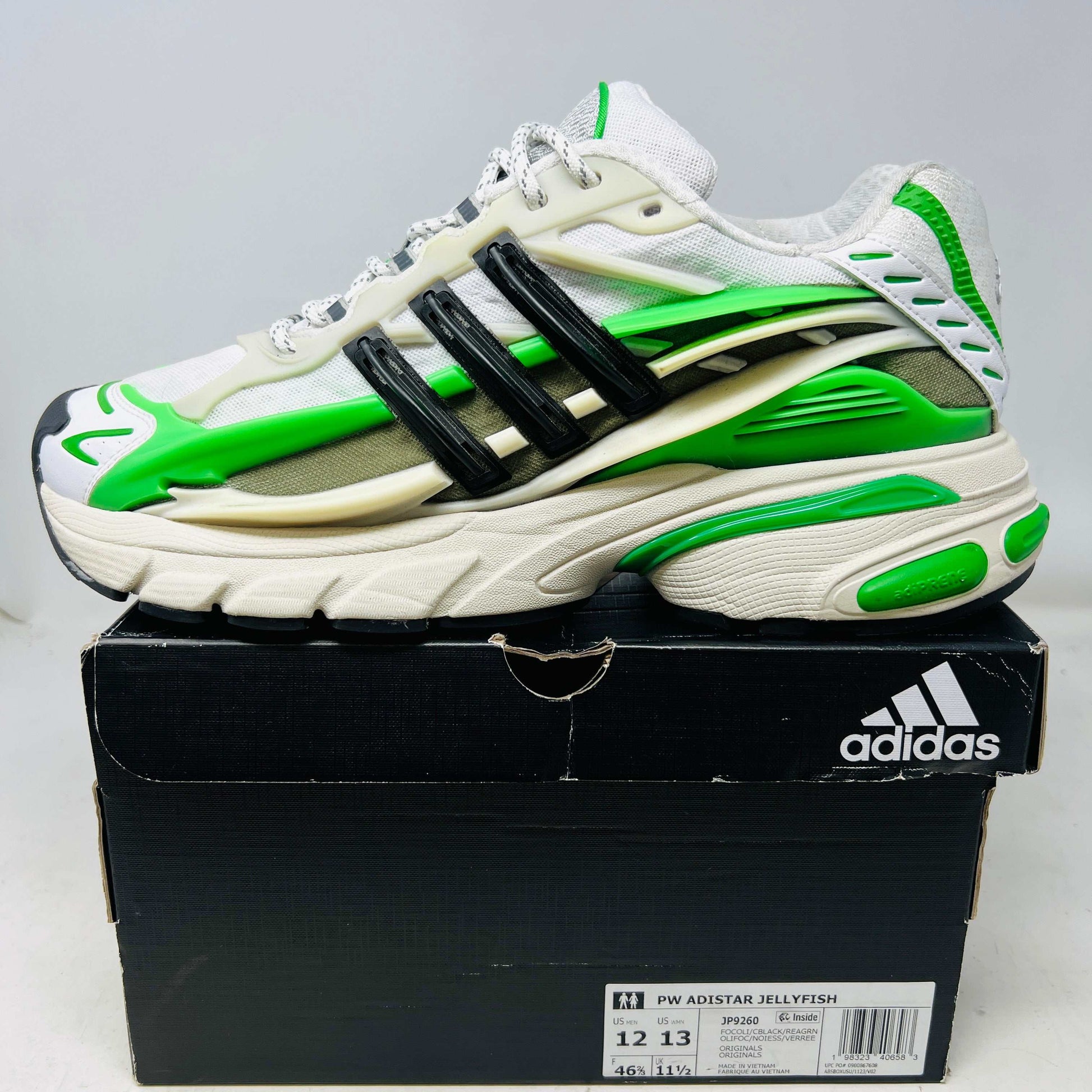 adidas Adistar Jellyfish Pharrell Williams Real Green sneaker on black adidas box with green and black accents