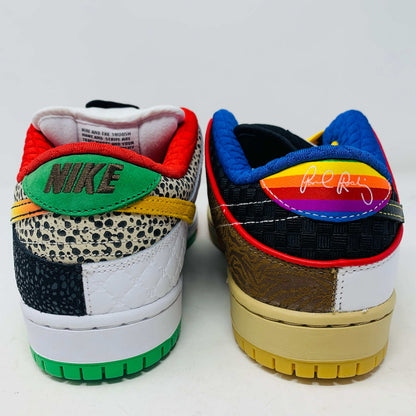 The Nike SB Dunk Low What the Paul is a 2021 authentic sneaker featuring varied textures and patterns like elephant print, a gradient swoosh, red laces, and comes in a colorful green, yellow, and white Nike SB box.
