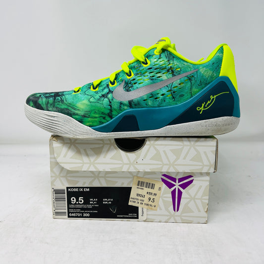 Nike Kobe 9 EM Low Easter sneakers with teal and lime accents on a white box, 2014 model.