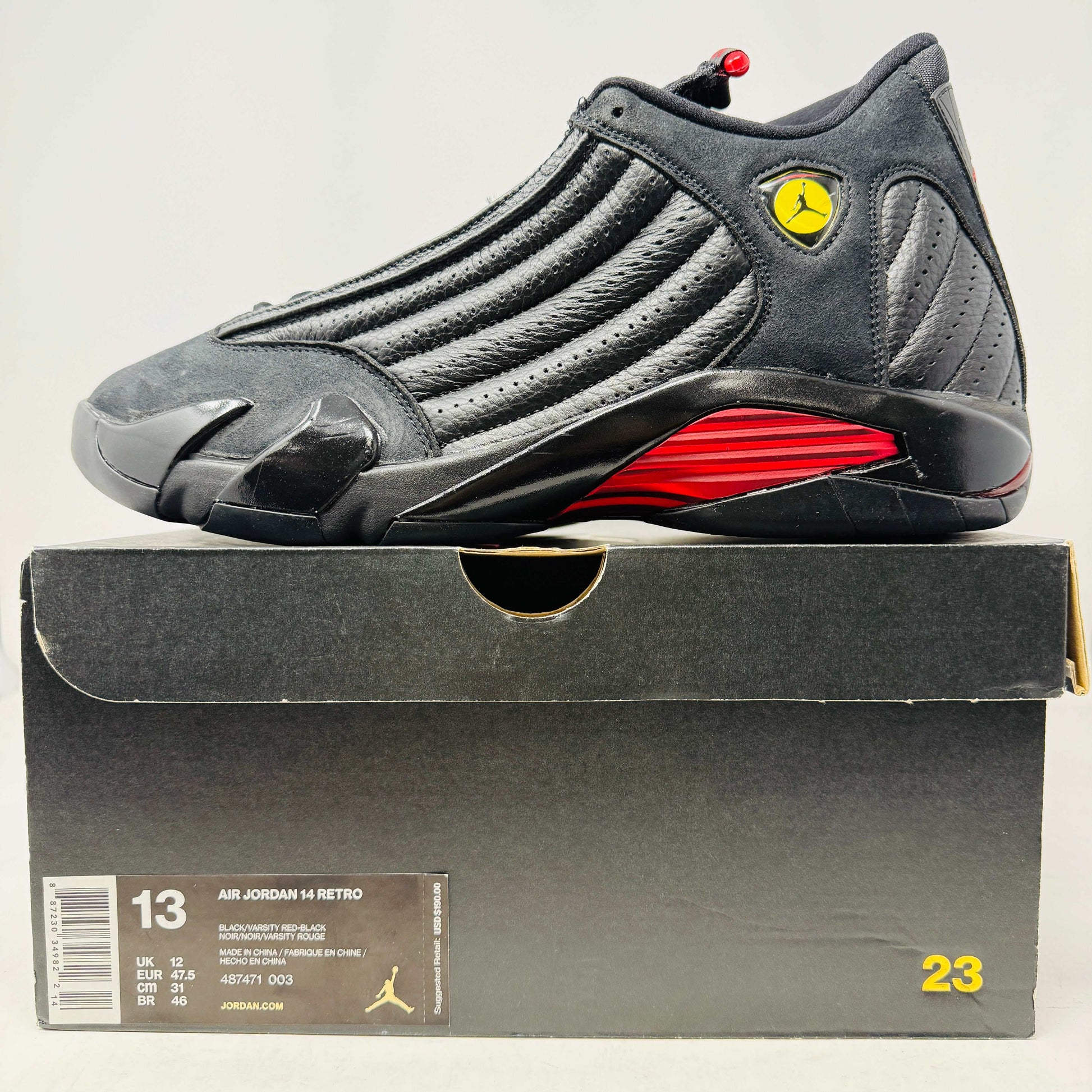 Black and red Jordan 14 Retro Last Shot sneaker on box, size 13, 2018 release, very clean condition.
