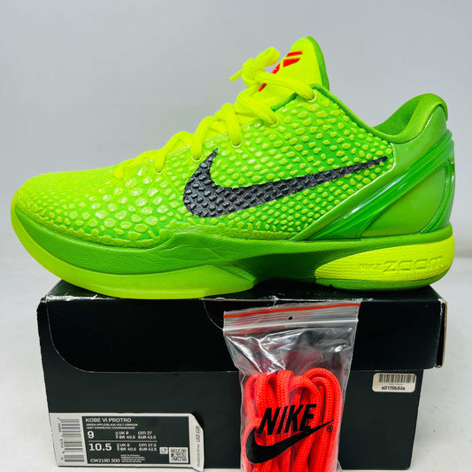 Nike Kobe 6 Protro Grinch 2020 neon green basketball shoe with black swoosh, red laces, and box.