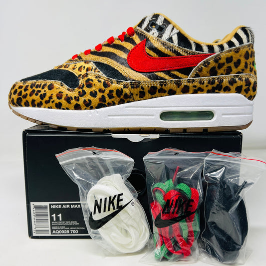 Nike Air Max 1 atmos Animal Pack 2.0 sneakers, 2018, with black box and extra laces.