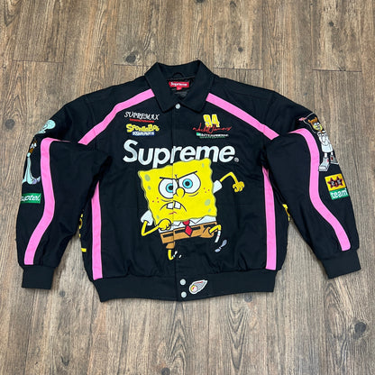 Black Supreme SpongeBob SquarePants Jeff Hamilton racing jacket with pink stripes and graphic prints