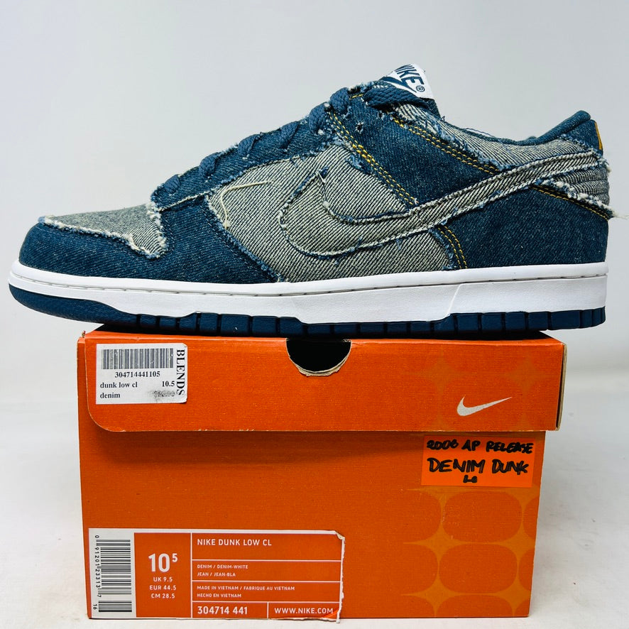 Nike Dunk Low CL Denim sneakers from 2006, brand new condition, displayed on an orange box.