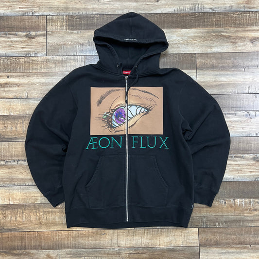 Supreme Aeon Flux black zip-up hoodie with eye graphic and large size