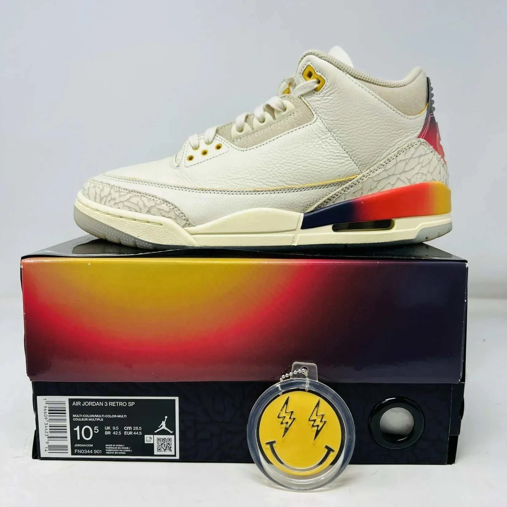 Jordan 3 Retro SP J Balvin Medellín Sunset sneakers with box and hang tag, 2023 model.