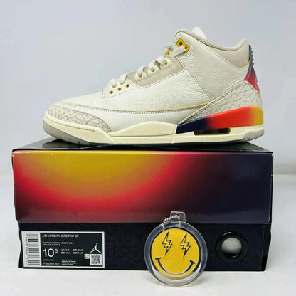 Jordan 3 Retro SP J Balvin Medellín Sunset sneakers with box and hang tag, 2023 model.