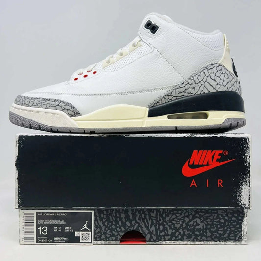Jordan 3 Retro White Cement Reimagined sneaker, clean uppers, slight heel drag, with hang tag, year 2023.