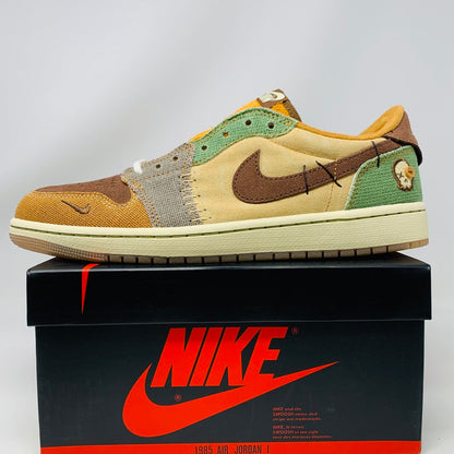The Jordan 1 Low Zion Williamson Voodoo sneaker by Jordan features a multicolored design with earthy brown, green, and orange tones, grey rope laces, a mix of materials, and a small skull detail near the heel. It comes in a black Nike shoebox.