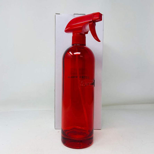 Red Supreme Glass Spray Bottle with adjustable nozzle and sleek design.