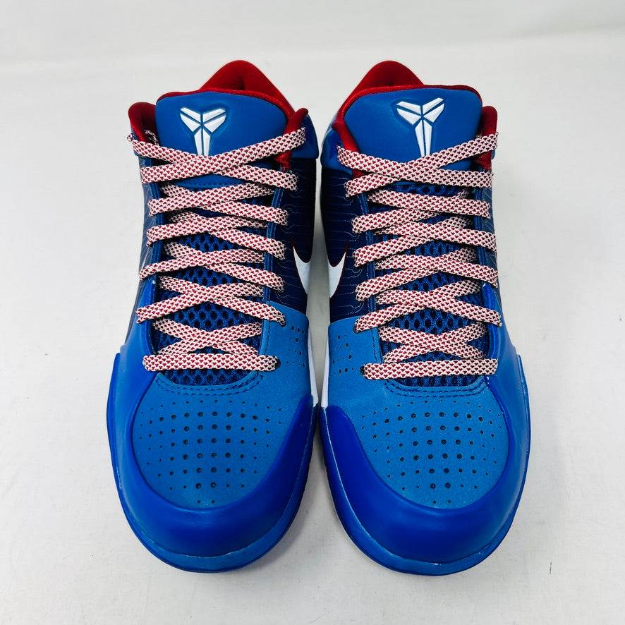 The Nike Kobe 4 Protro Philly (2024), a blue basketball shoe with red and white accents, is displayed on a black shoebox. This authentic piece features a white swoosh, red lining, and size 6.5 tag—ideal for collectors hunting lightly worn treasures for the 2024 courts.