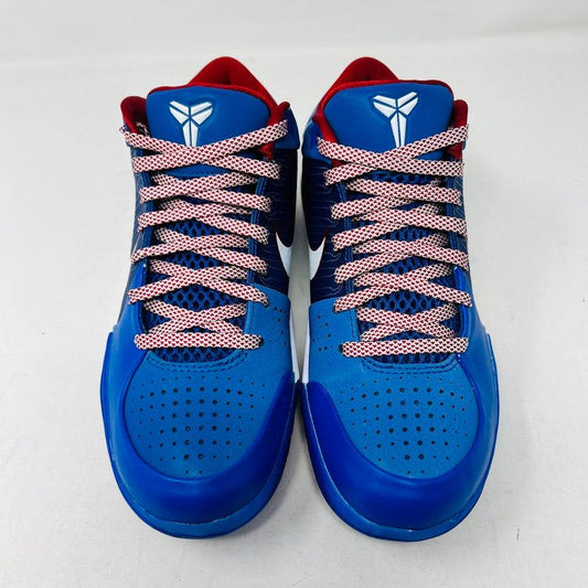 The Nike Kobe 4 Protro Philly (2024), a blue basketball shoe with red and white accents, is displayed on a black shoebox. This authentic piece features a white swoosh, red lining, and size 6.5 tag—ideal for collectors hunting lightly worn treasures for the 2024 courts.
