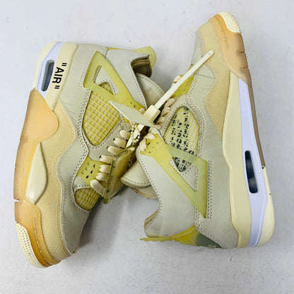 Jordan 4 Retro Off-White Sail Women's sneakers, size 5.5W/4M, condition 8.25/10 with yellowing, includes cream, teal, and black laces, hangtag, and zip tie, released in 2020.