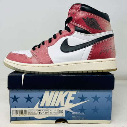 Jordan 1 Retro High Trophy Room Chicago sneaker on Nike box, white and red with black accents, lightly worn 2021 edition