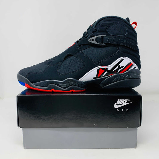 Jordan 8 Retro Playoffs 2023 sneaker in black, red, and white on a Nike box, brand new condition.