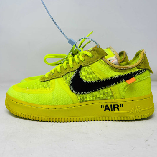 Nike Air Force 1 Low Off-White Volt sneaker with black swoosh and zip tie, used condition.