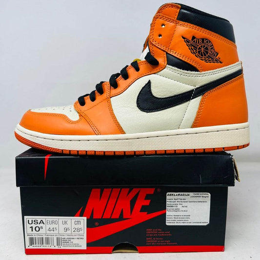 Jordan 1 Retro Reverse Shattered Backboard sneaker in orange, black, and white on Nike box from 2016