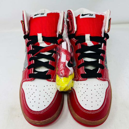 The Nike SB Dunk High Shoe Goo from 2008, priced at $525, sits atop its box. It features red and blue denim sections, a white swoosh, and a gum sole. A tag shows size and numbers, with extra laces beside the shoebox.