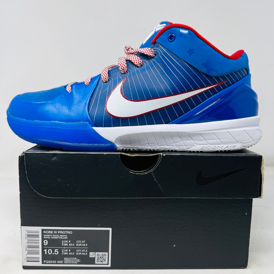 Nike Kobe 4 Protro Philly 2024 sneaker, blue and red colorway, condition 8.5/10, displayed on box.