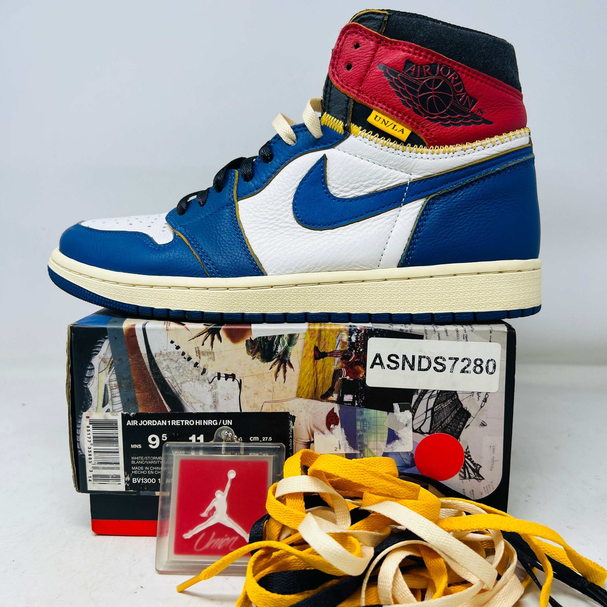 Jordan 1 Retro High Union Los Angeles Storm Blue sneaker with extra laces on box