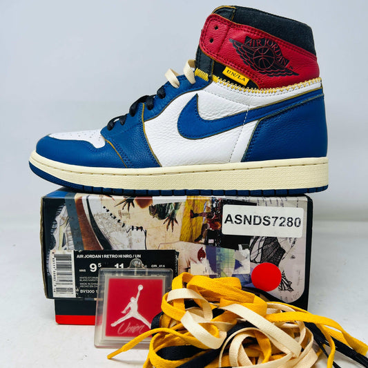Jordan 1 Retro High Union Los Angeles Storm Blue sneaker with extra laces on box