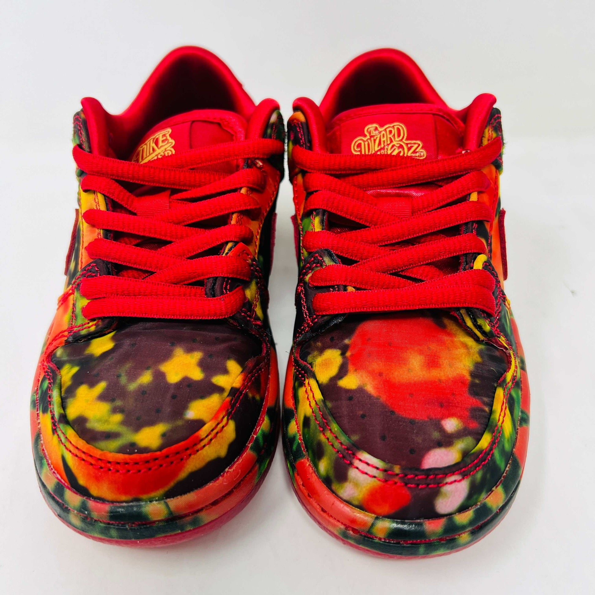 Nike SB Dunk Low Wizard of Oz Poppy Field sneakers with red and green colorway.