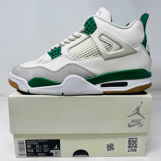 Jordan 4 Retro SB Pine Green sneaker with clean uppers and general wear on Nike SB box 2023 edition