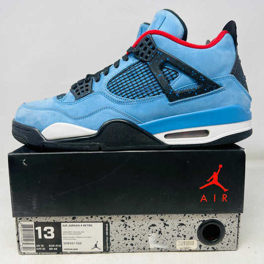Jordan 4 Retro Travis Scott Cactus Jack blue sneaker on box with minor creasing and good condition logo