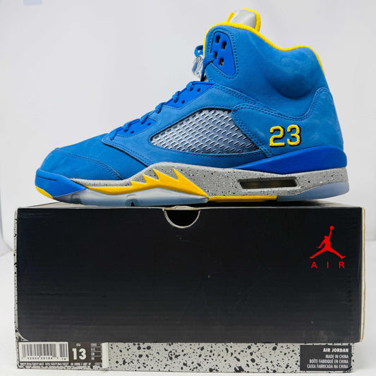 Jordan 5 Retro JSP Laney Varsity Royal sneaker in blue and yellow on black box with red Jumpman logo