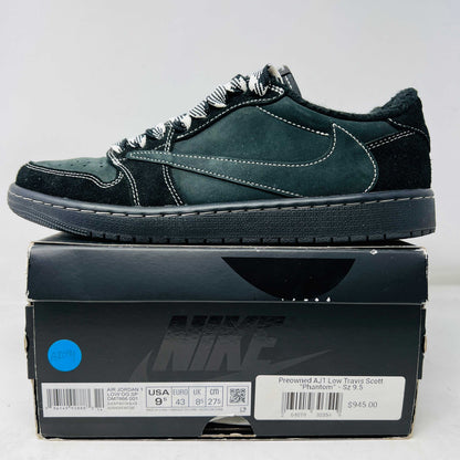 Jordan 1 Retro Low OG SP Travis Scott Black Phantom sneakers with box, size 9.5, includes extra laces and bandanas, preowned condition.