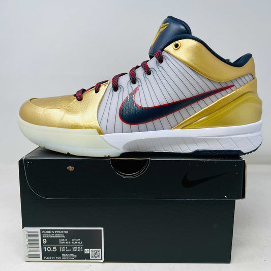 Nike Kobe 4 Protro Gold Medal 2024 basketball shoe in gold, white, and navy on box.