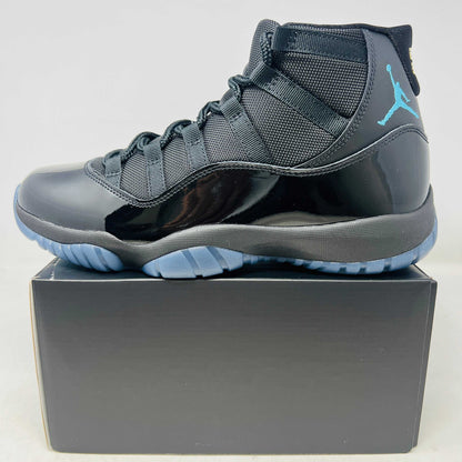 Jordan 11 Retro Gamma Blue 2025 sneaker side view on black box in brand new condition