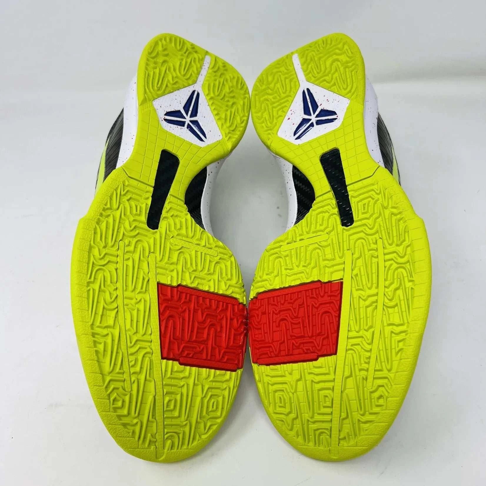 Nike Kobe 5 Protro Chaos 2019 sneakers with vibrant yellow soles and red accents.