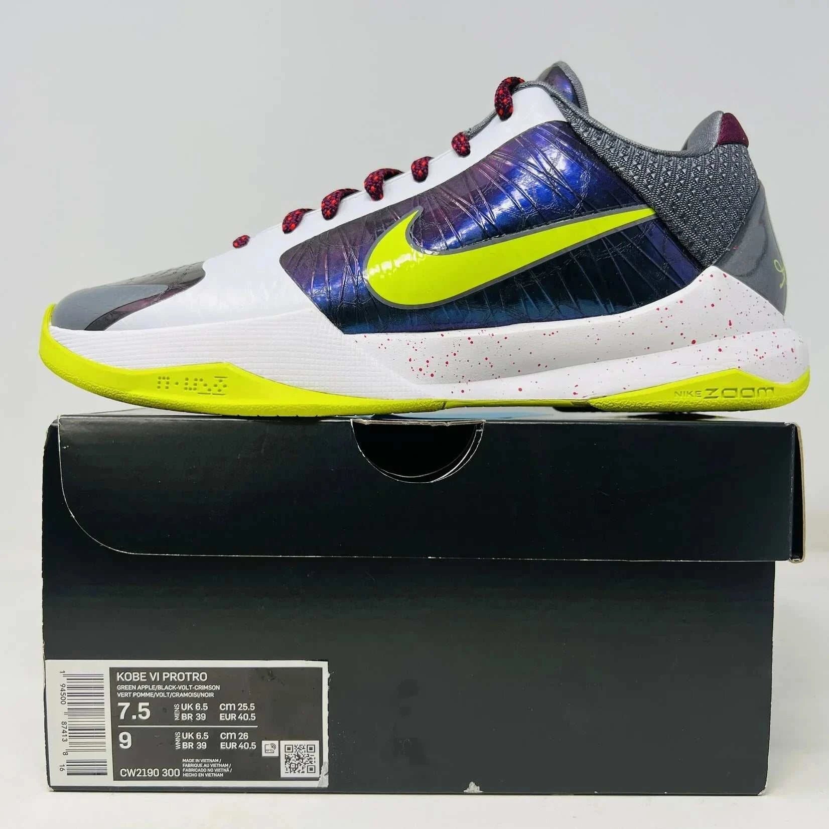 Nike Kobe 5 Protro Chaos sneaker on replacement box, side view showing design and color details.
