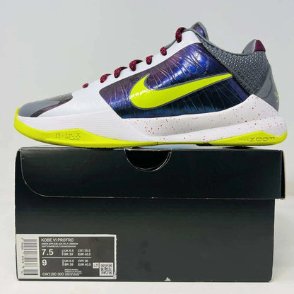 Nike Kobe 5 Protro Chaos sneaker on replacement box, side view showing design and color details.