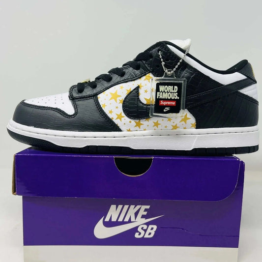 Nike SB Dunk Low Supreme Stars Black 2021 sneaker on box with hang tag and extra laces.