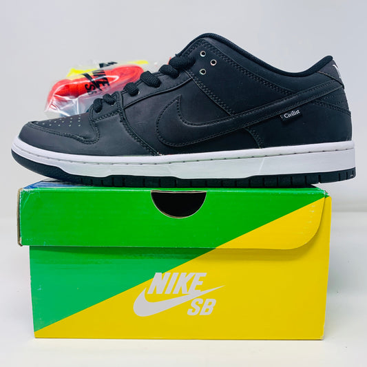 Nike SB Dunk Low Civilist sneakers with black design, colorful laces, brand new condition, and original box.