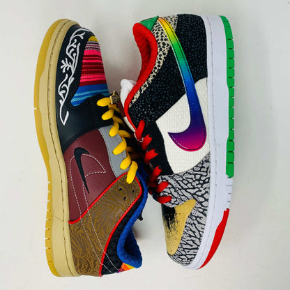 The Nike SB Dunk Low What the Paul is a 2021 authentic sneaker featuring varied textures and patterns like elephant print, a gradient swoosh, red laces, and comes in a colorful green, yellow, and white Nike SB box.
