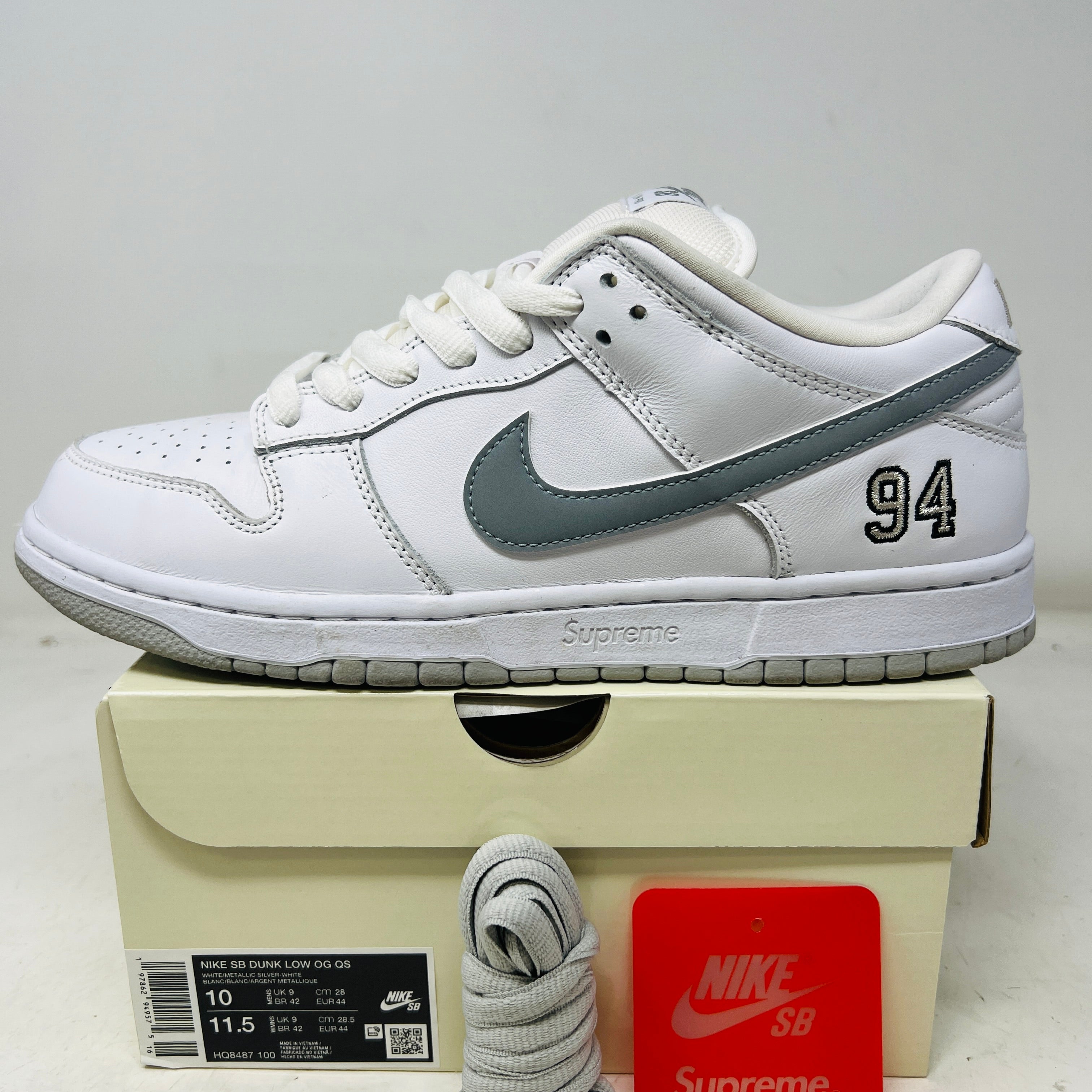 Nike SB Dunk Low Supreme 94 White Metallic Silver – Holy Ground