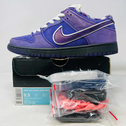 Nike SB Dunk Low Concepts Purple Lobster sneaker side view with original box and extra laces in plastic bags