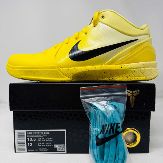 Nike Kobe 4 Protro yellow basketball shoe with black swoosh and extra blue laces on box