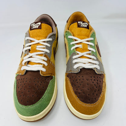 Multicolored Jordan 1 Retro Low OG Zion Williamson Voodoo sneakers feature a patchwork design and visible stitching with brown, yellow, and green sections. The stylish kicks have clean uppers with minimal heel drag, set elegantly on a purple box displaying size and price labels.