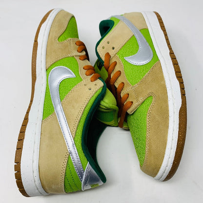 Brand new Nike SB Dunk Low Escargot sneakers, 2024 release, green and brown colorway with silver Swoosh.